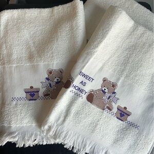 3 Cannon Vintage White Hand Towels with Teddy Bear Cross Stitch Pattern